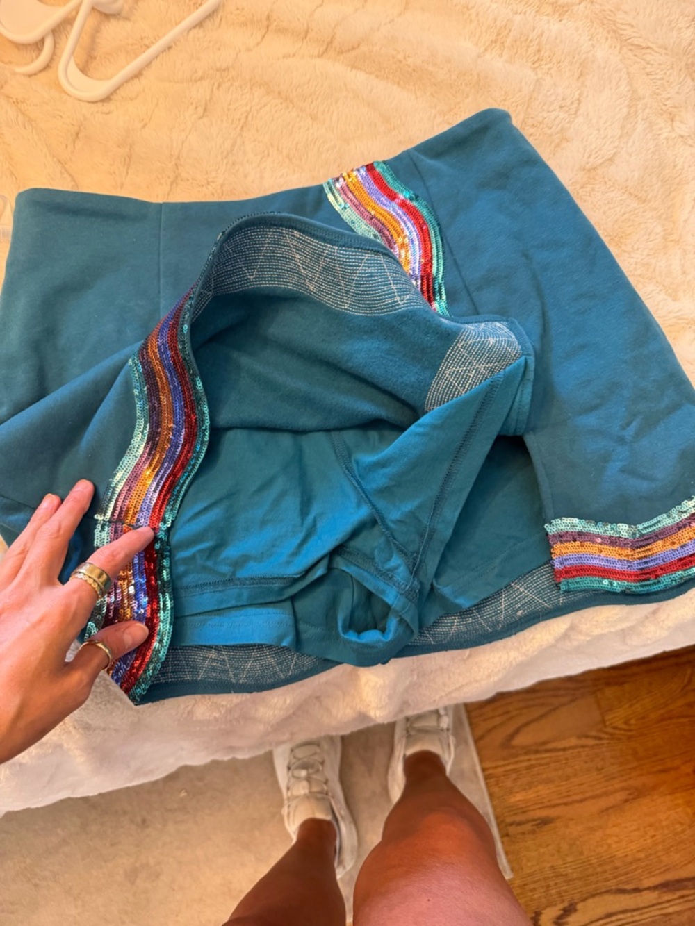 QUEEN OF SPARKLES Teal Mini Skort with Multicolor Sequin Wave - Picture 3 of 4